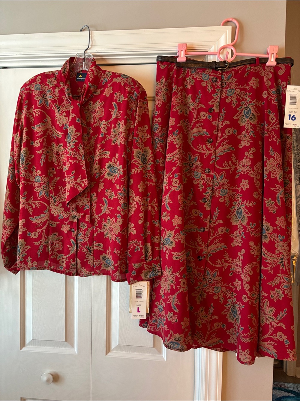 LizSport Vintage Women’s Red Floral Maxi Skirt with Matching Button Down Blouse